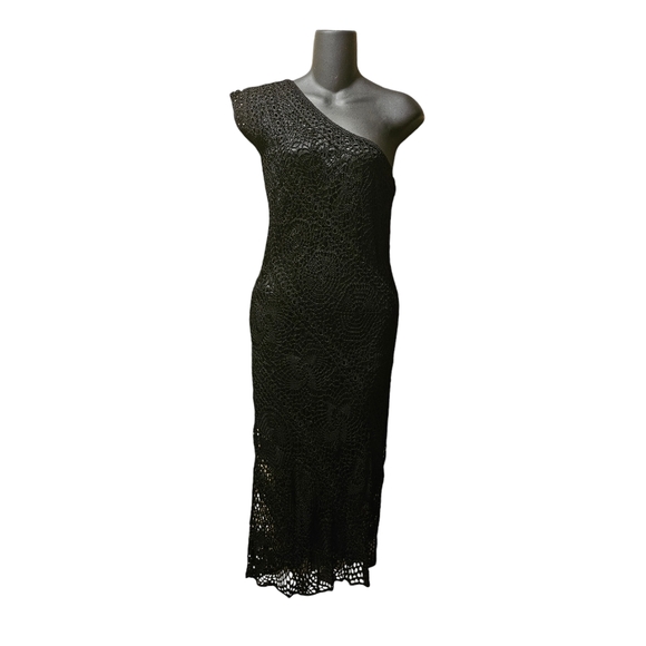 OPEN KNIT LAYERED ONE SHOULDER MIDI DRESS - Picture 1 of 5